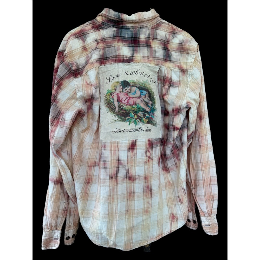 OOAK Bleached Plaid Flannel Shirt Lovin' Is What I Got Art Patch Medium